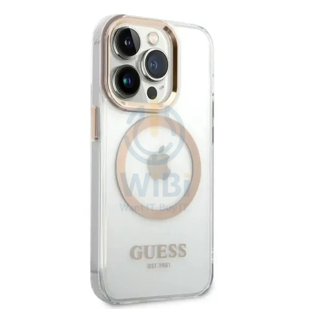 Guess Apple iPhone 14 Pro Max Magsafe Compatible Translucent Gold Outline & Logo - Transparent Accessories > Mobiles &