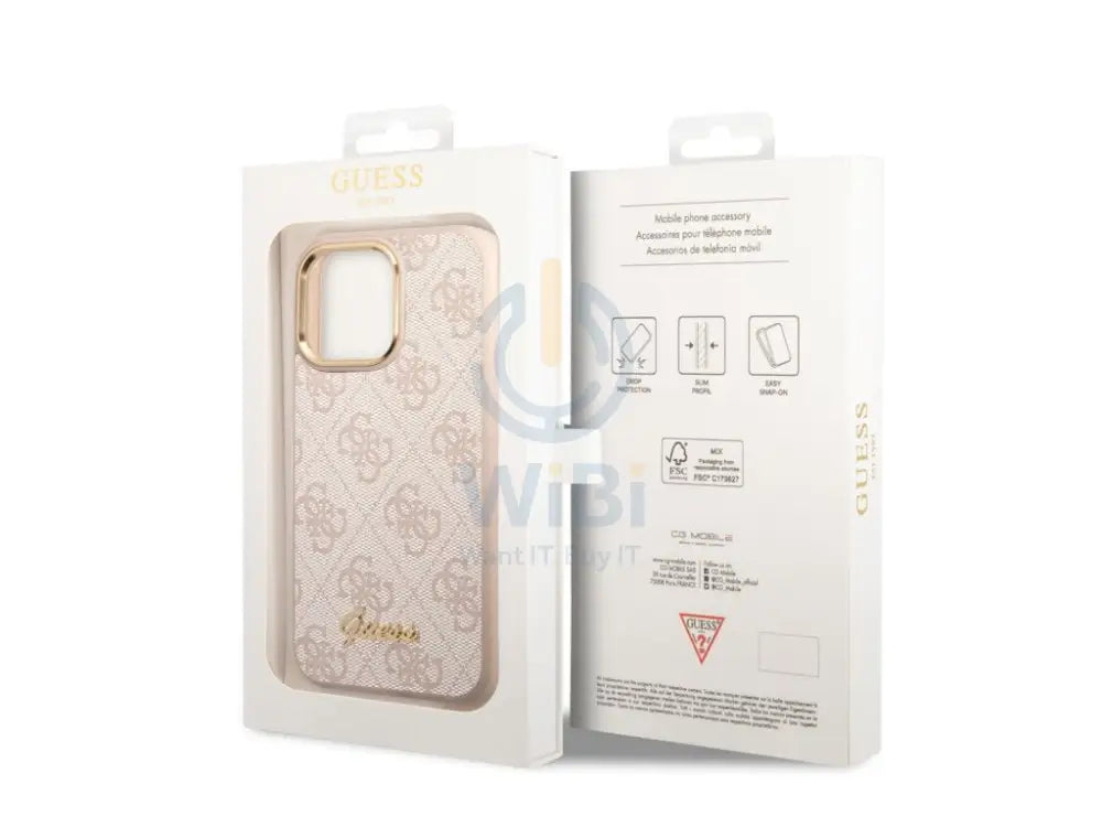 Guess Apple iPhone 14 Pro Max PC/TPU 4G PU Case With Metal Camera Outline & Buttons - Pink Accessories > Mobiles &