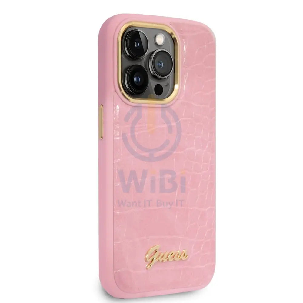 Guess Apple iPhone 14 Pro Max Pu Croco Case With Metal Camera Outline - Pink Accessories > Mobiles & Tablets > Mobiles
