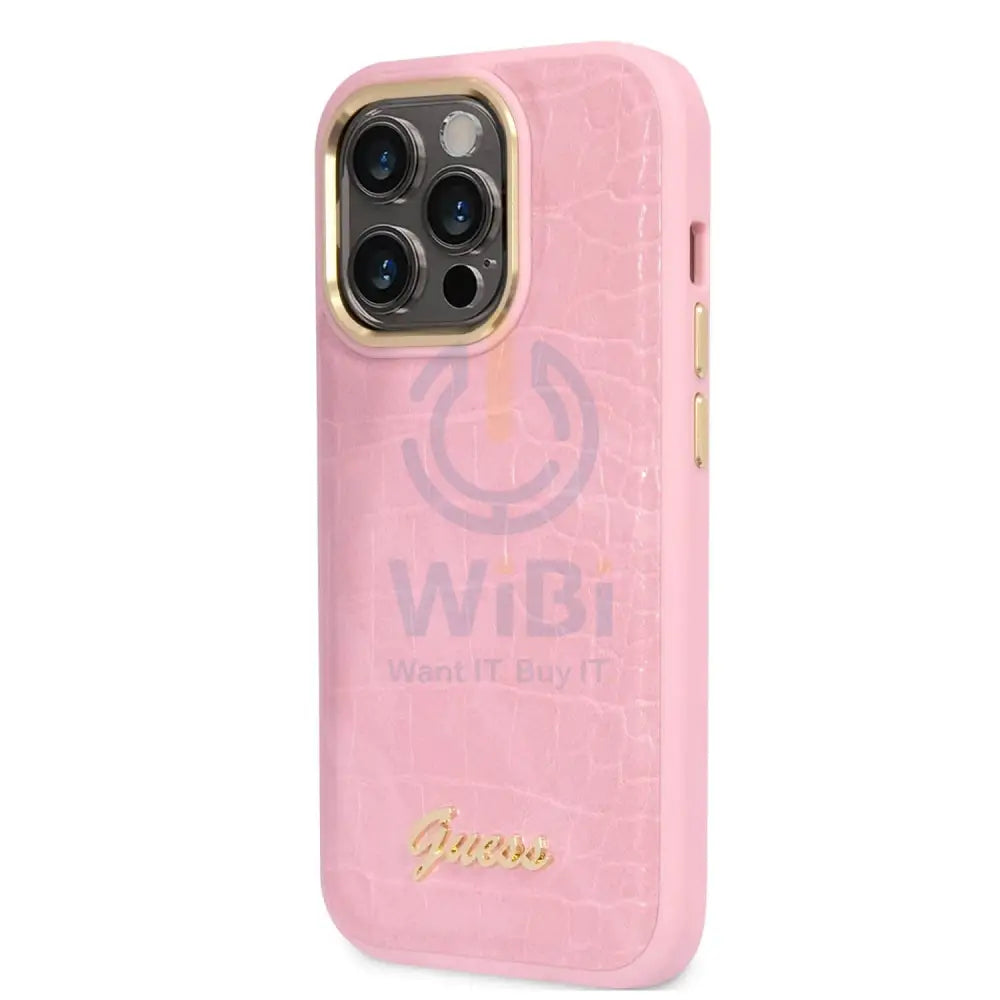 Guess Apple iPhone 14 Pro Max Pu Croco Case With Metal Camera Outline - Pink Accessories > Mobiles & Tablets > Mobiles