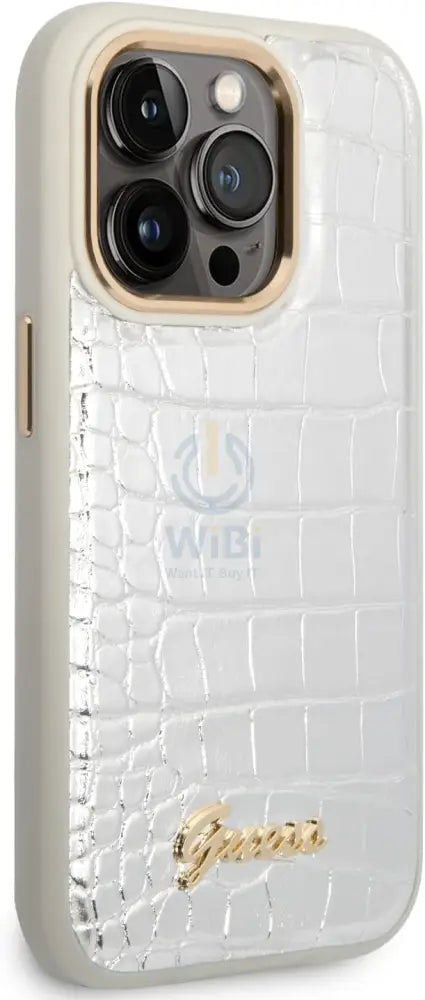 Guess Apple iPhone 14 Pro Max Pu Croco Case With Metal Camera Outline - Silver Accessories > Mobiles & Tablets > Mobiles