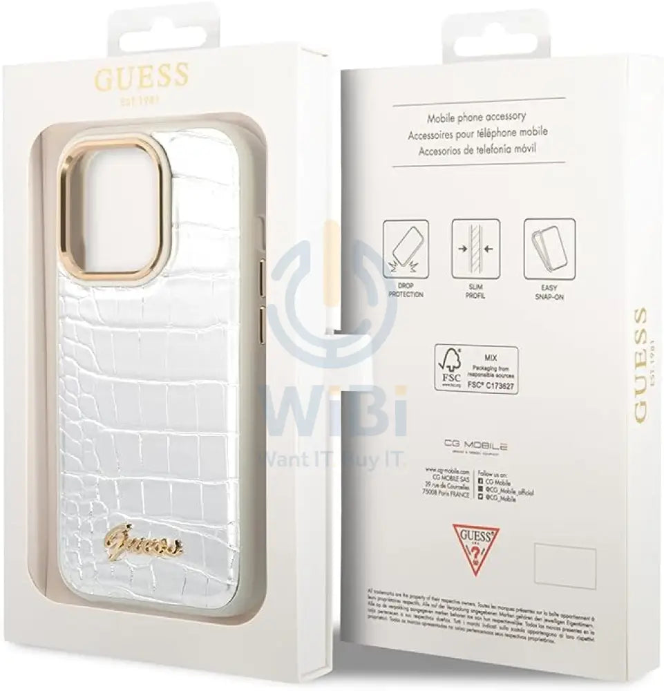 Guess Apple iPhone 14 Pro Max Pu Croco Case With Metal Camera Outline - Silver Accessories > Mobiles & Tablets > Mobiles