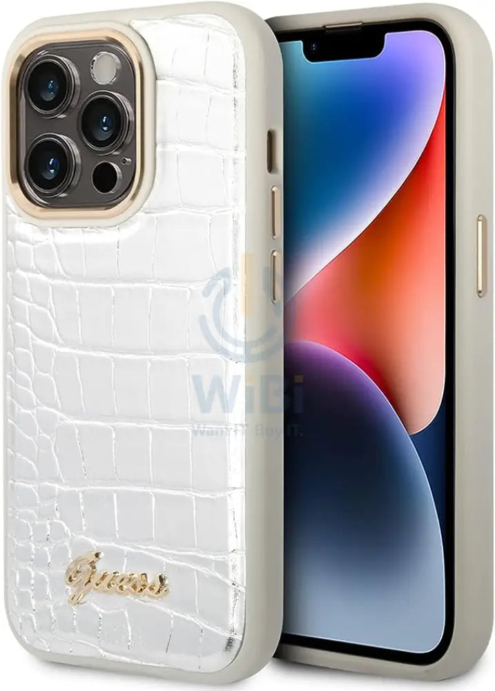 Guess Apple iPhone 14 Pro Max Pu Croco Case With Metal Camera Outline - Silver Accessories > Mobiles & Tablets > Mobiles