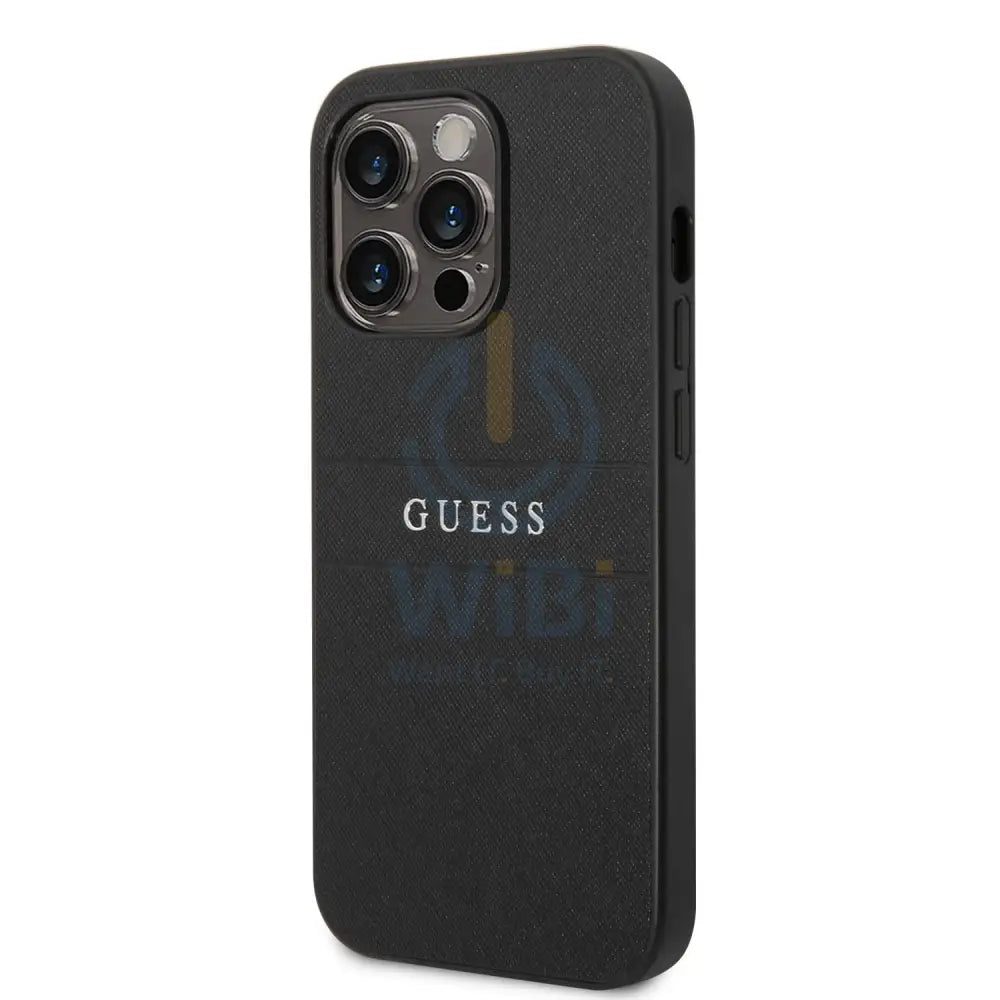 Guess Apple iPhone 14 Pro Max PU Leather Saffiano Case with Metal Logo & Hot Stamp Stripes - Black Accessories >