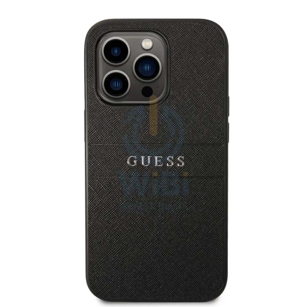 Guess Apple iPhone 14 Pro Max PU Leather Saffiano Case with Metal Logo & Hot Stamp Stripes - Black Accessories >
