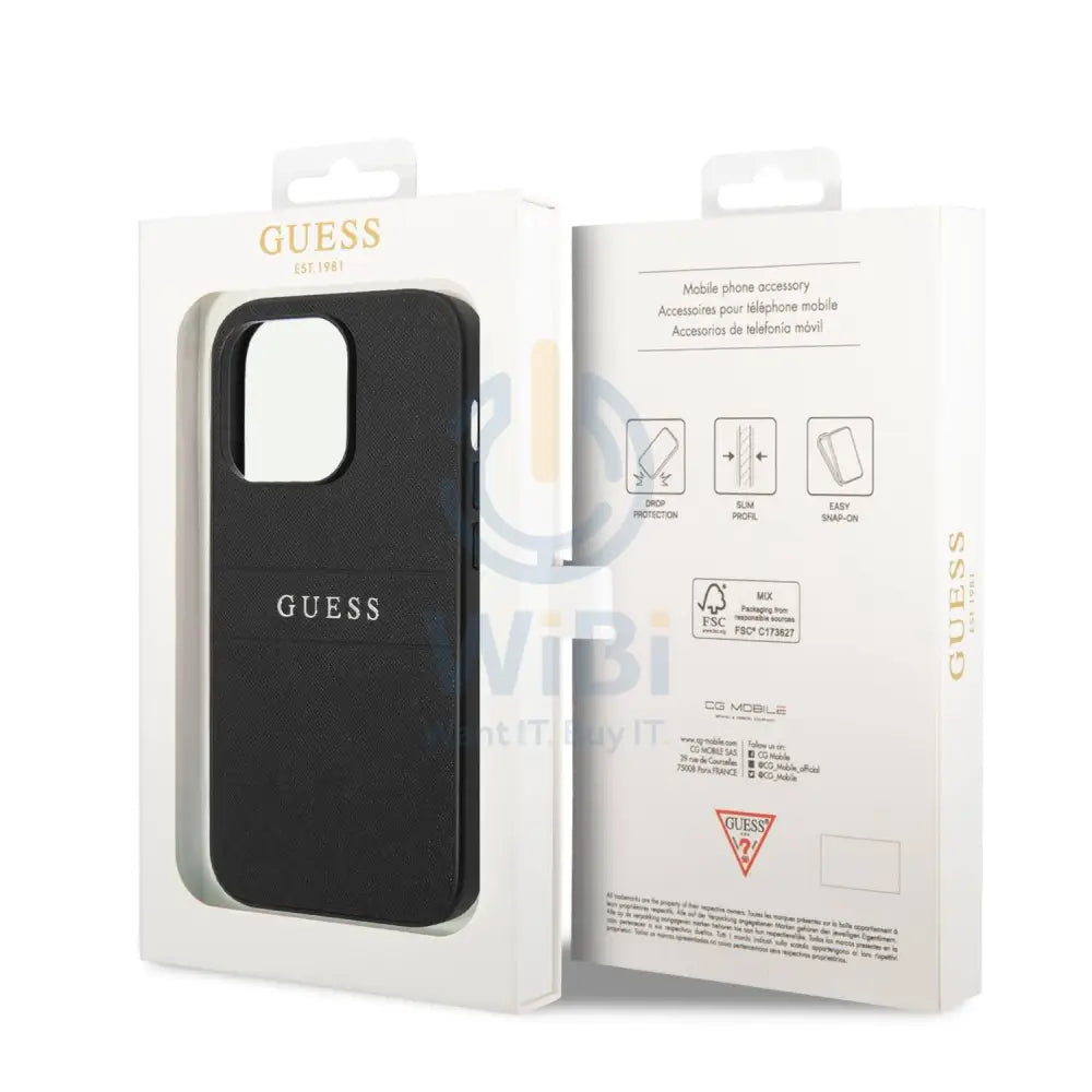 Guess Apple iPhone 14 Pro Max PU Leather Saffiano Case with Metal Logo & Hot Stamp Stripes - Black Accessories >