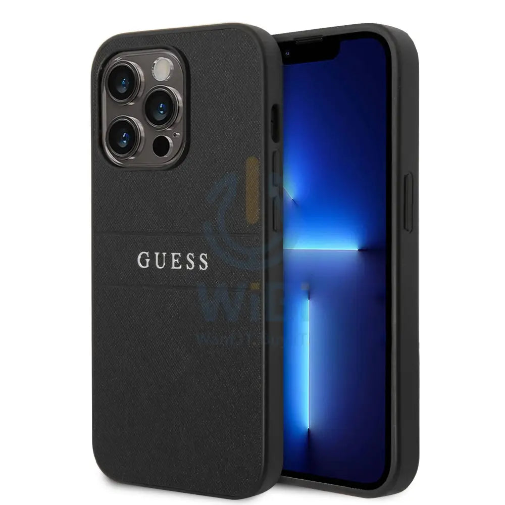 Guess Apple iPhone 14 Pro Max PU Leather Saffiano Case with Metal Logo & Hot Stamp Stripes - Black Accessories >