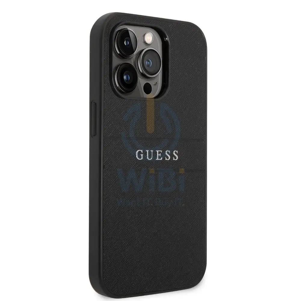 Guess Apple iPhone 14 Pro Max PU Leather Saffiano Case with Metal Logo & Hot Stamp Stripes - Black Accessories >