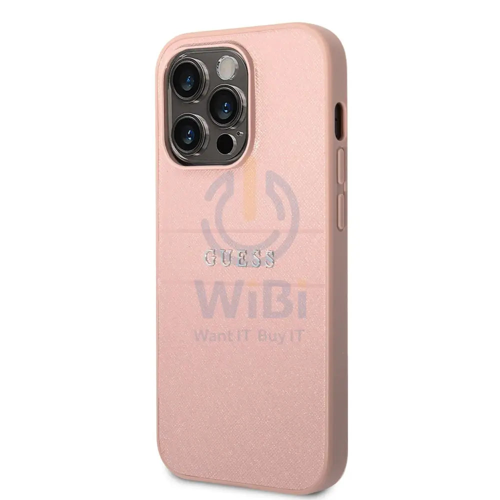 Guess Apple iPhone 14 Pro Max PU Leather Saffiano Case with Metal Logo & Hot Stamp Stripes - Pink Accessories > Mobiles
