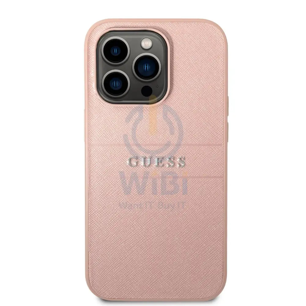 Guess Apple iPhone 14 Pro Max PU Leather Saffiano Case with Metal Logo & Hot Stamp Stripes - Pink Accessories > Mobiles