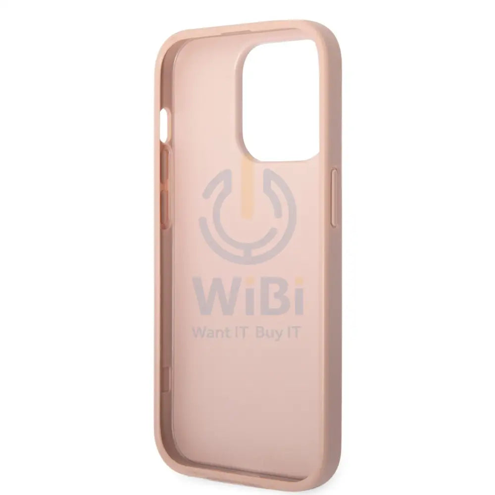 Guess Apple iPhone 14 Pro Max PU Leather Saffiano Case with Metal Logo & Hot Stamp Stripes - Pink Accessories > Mobiles