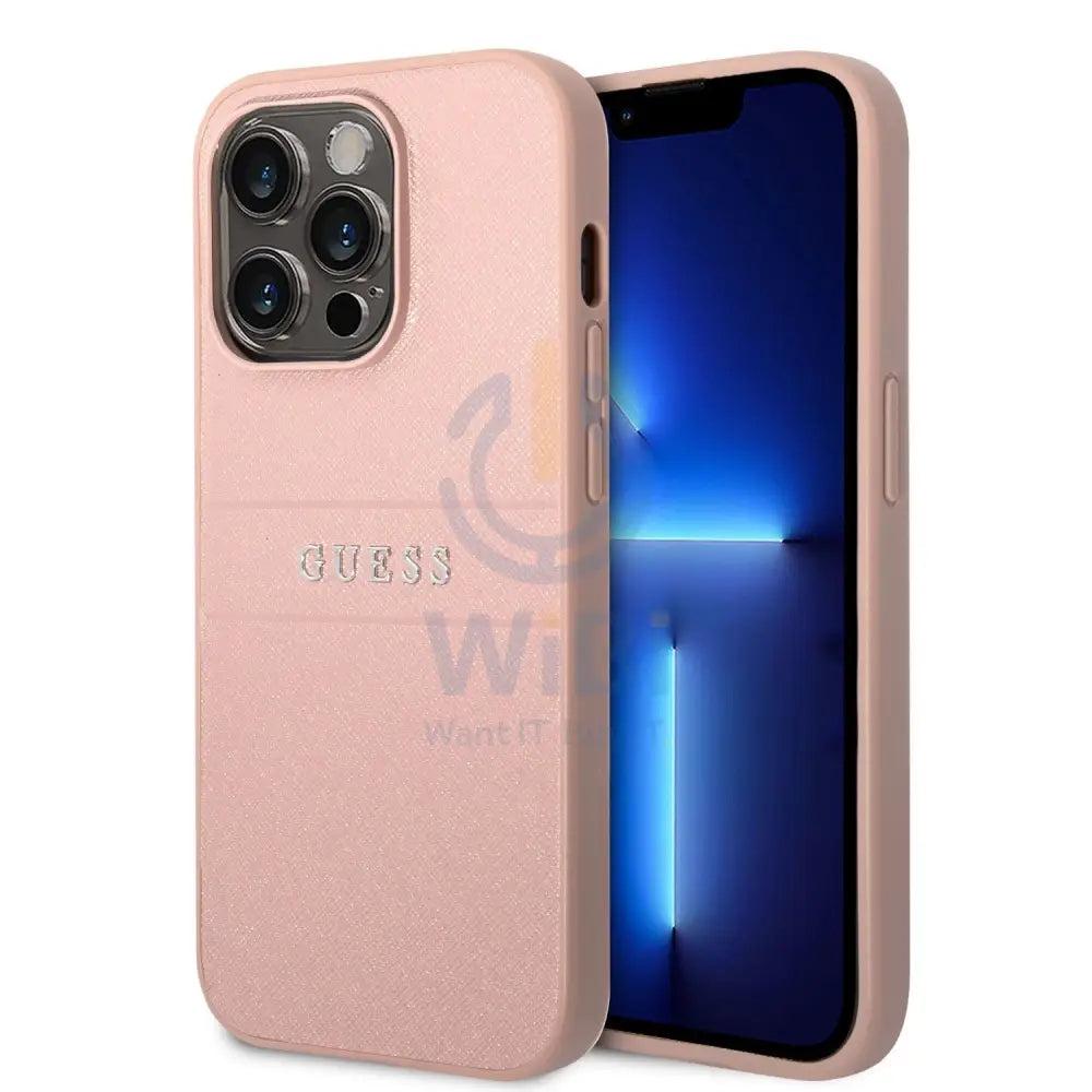 Guess Apple iPhone 14 Pro Max PU Leather Saffiano Case with Metal Logo & Hot Stamp Stripes - Pink Accessories > Mobiles