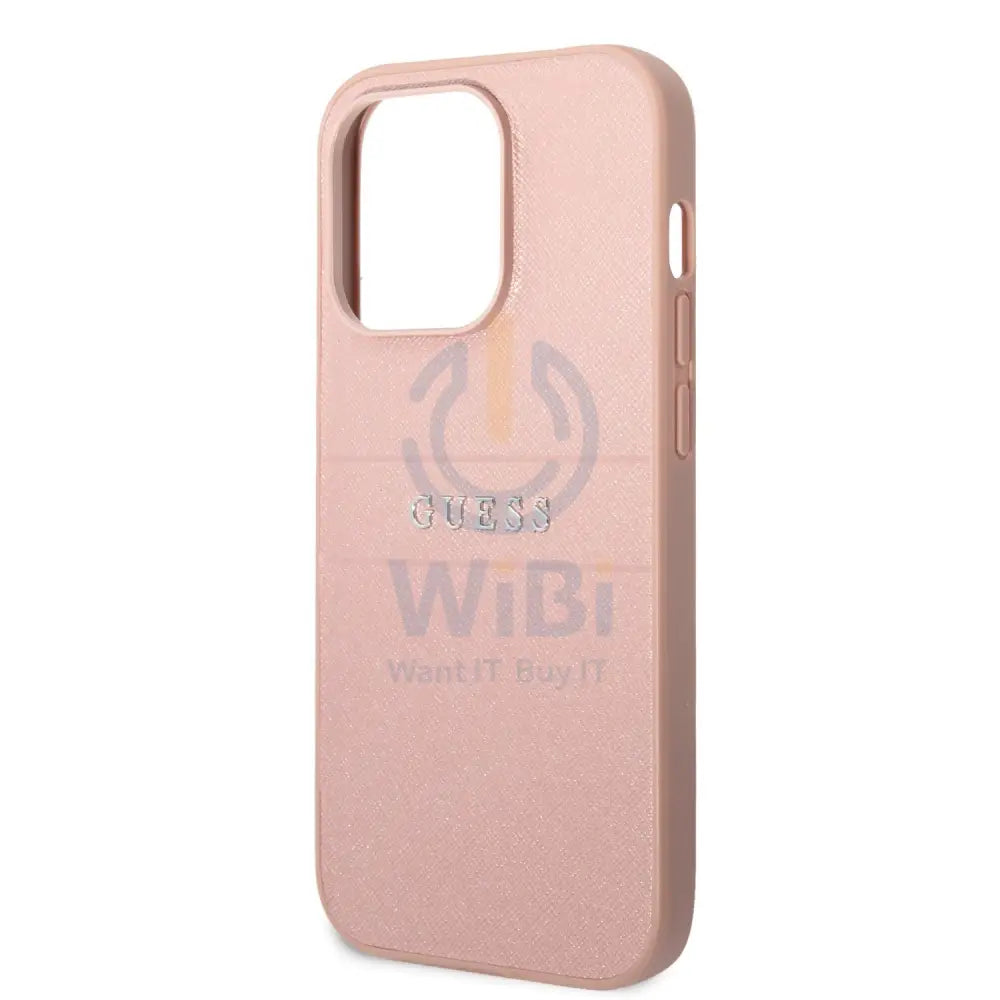 Guess Apple iPhone 14 Pro Max PU Leather Saffiano Case with Metal Logo & Hot Stamp Stripes - Pink Accessories > Mobiles