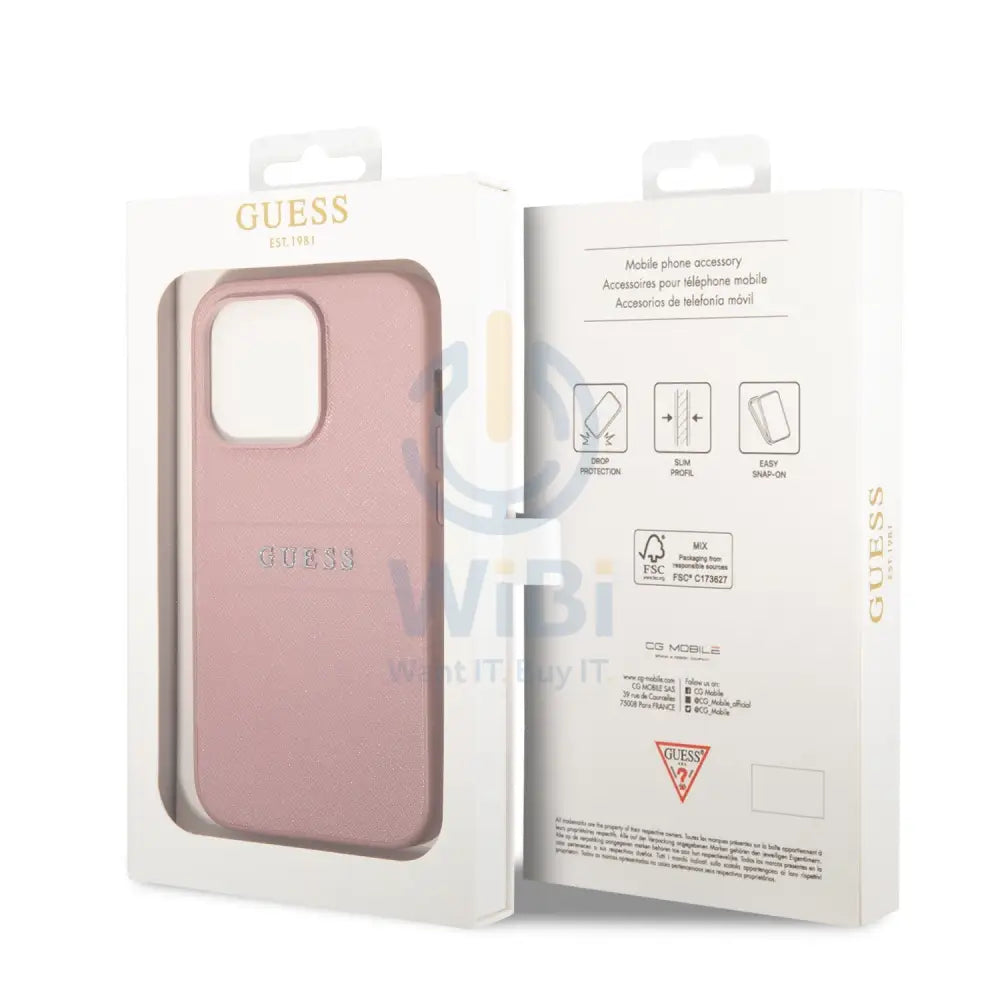 Guess Apple iPhone 14 Pro Max PU Leather Saffiano Case with Metal Logo & Hot Stamp Stripes - Pink Accessories > Mobiles