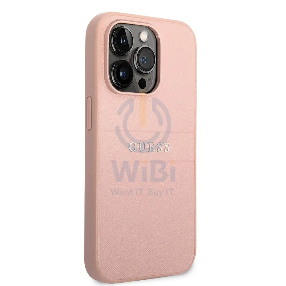 Guess Apple iPhone 14 Pro Max PU Leather Saffiano Case with Metal Logo & Hot Stamp Stripes - Pink Accessories > Mobiles