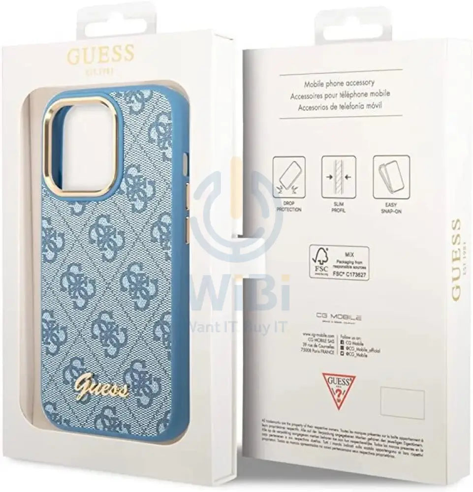 Guess Apple iPhone 14 Pro PC/TPU 4G PU Case With Metal Camera Outline & Buttons - Blue Accessories > Mobiles & Tablets