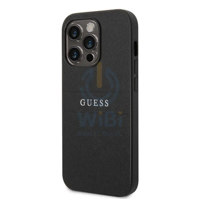 Guess Apple iPhone 14 Pro PU Leather Saffiano Case with Metal Logo & Hot Stamp Stripes - Black Accessories > Mobiles &