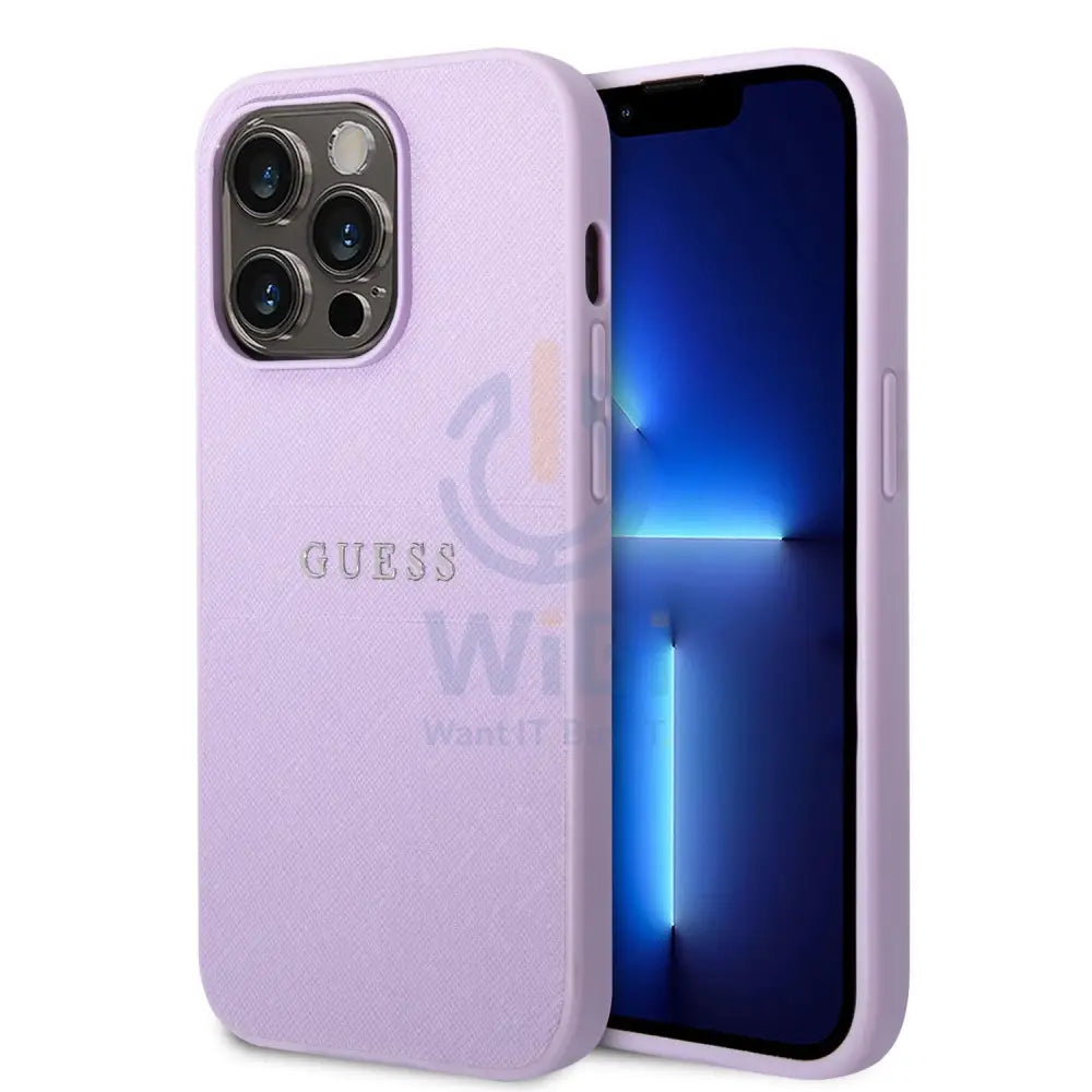 Guess Apple iPhone 14 Pro PU Leather Saffiano Case with Metal Logo & Hot Stamp Stripes - Purple Accessories > Mobiles &