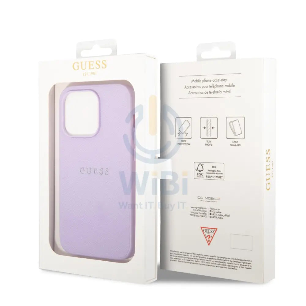 Guess Apple iPhone 14 Pro PU Leather Saffiano Case with Metal Logo & Hot Stamp Stripes - Purple Accessories > Mobiles &
