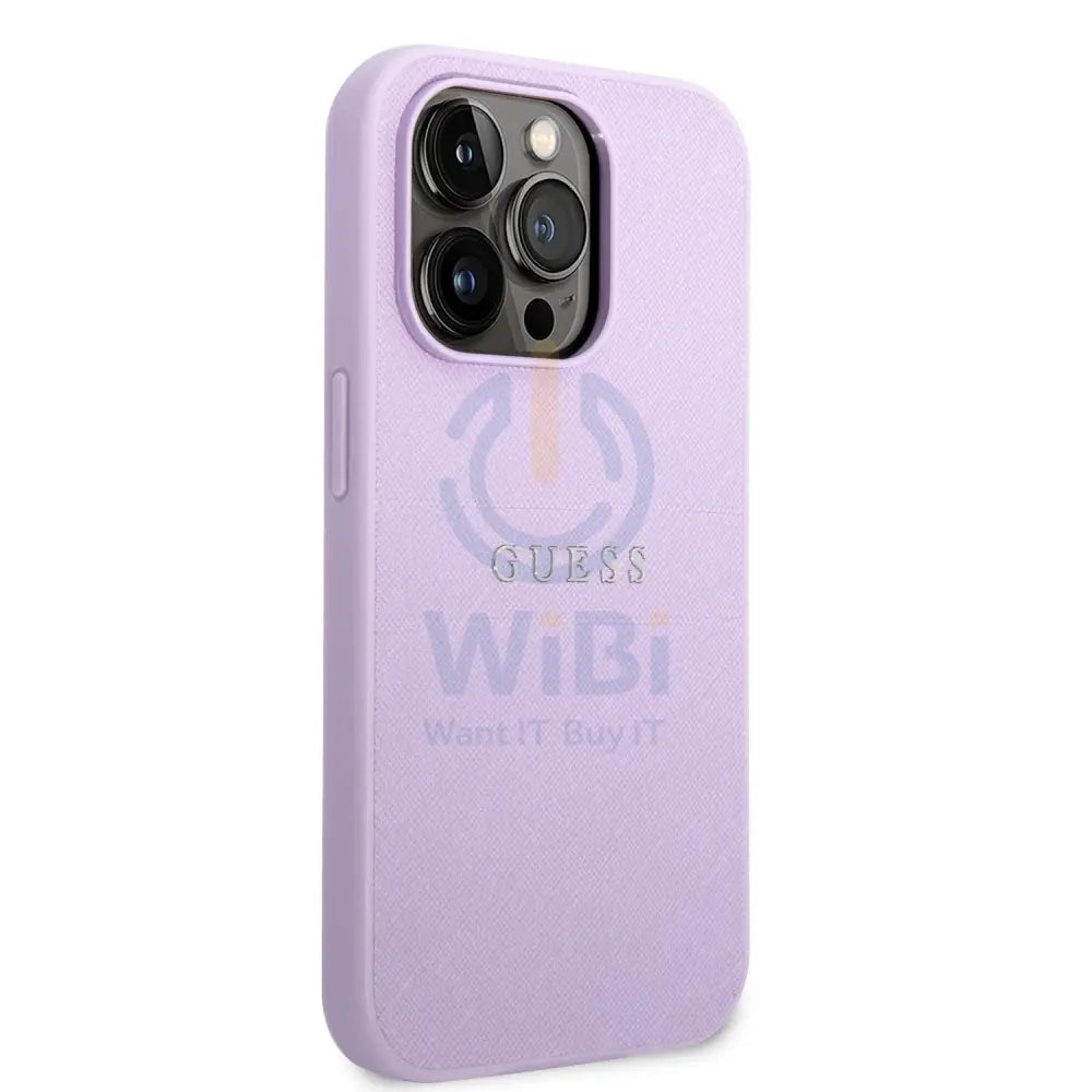 Guess Apple iPhone 14 Pro PU Leather Saffiano Case with Metal Logo & Hot Stamp Stripes - Purple Accessories > Mobiles &