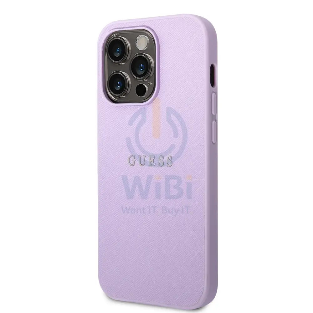 Guess Apple iPhone 14 Pro PU Leather Saffiano Case with Metal Logo & Hot Stamp Stripes - Purple Accessories > Mobiles &