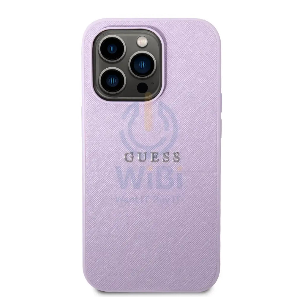 Guess Apple iPhone 14 Pro PU Leather Saffiano Case with Metal Logo & Hot Stamp Stripes - Purple Accessories > Mobiles &