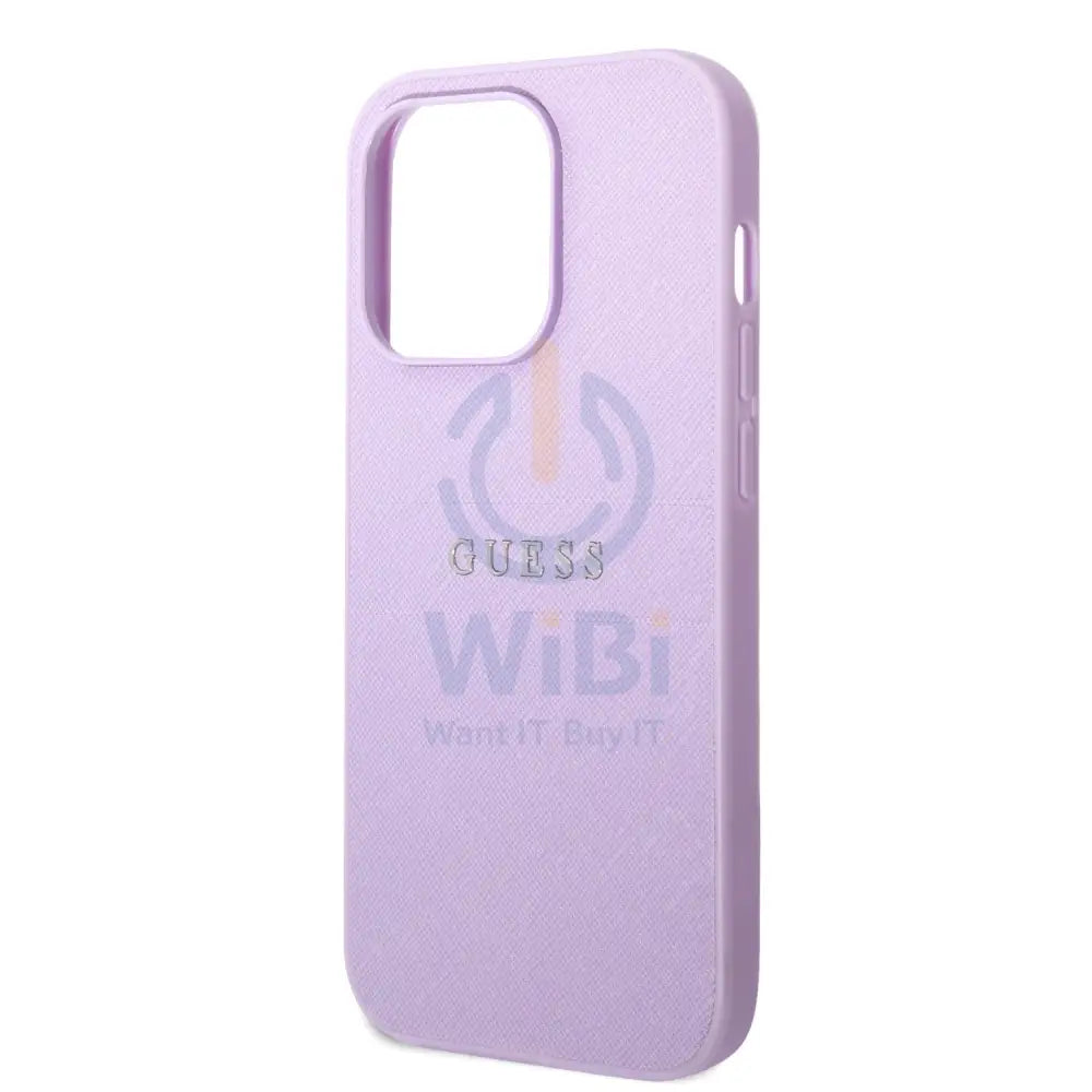 Guess Apple iPhone 14 Pro PU Leather Saffiano Case with Metal Logo & Hot Stamp Stripes - Purple Accessories > Mobiles &