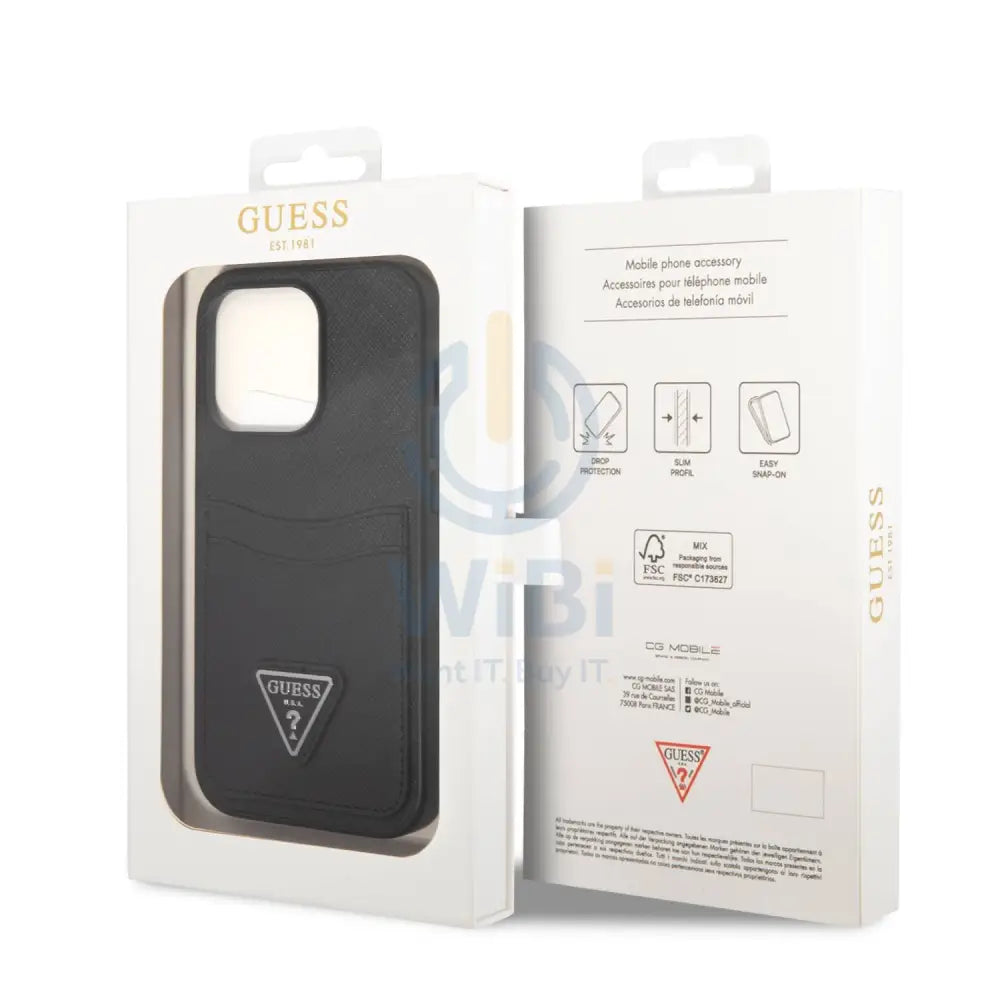 Guess iPhone 14 Pro PU Saffiano Case with Double Cardslot & Metal Triangle Logo - Black Accessories > Mobiles & Tablets