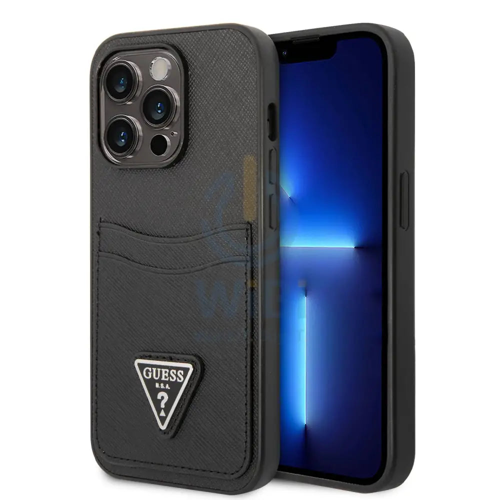 Guess iPhone 14 Pro PU Saffiano Case with Double Cardslot & Metal Triangle Logo - Black Accessories > Mobiles & Tablets