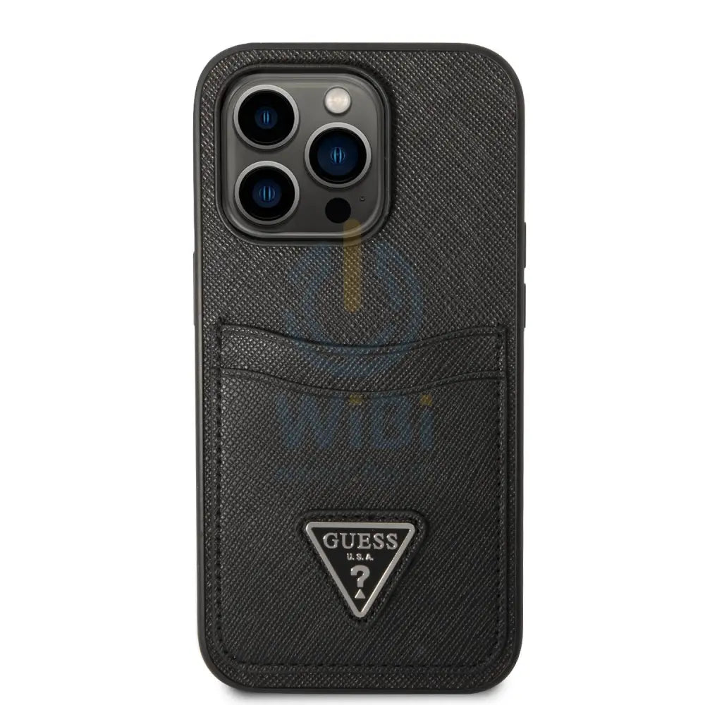 Guess iPhone 14 Pro PU Saffiano Case with Double Cardslot & Metal Triangle Logo - Black Accessories > Mobiles & Tablets