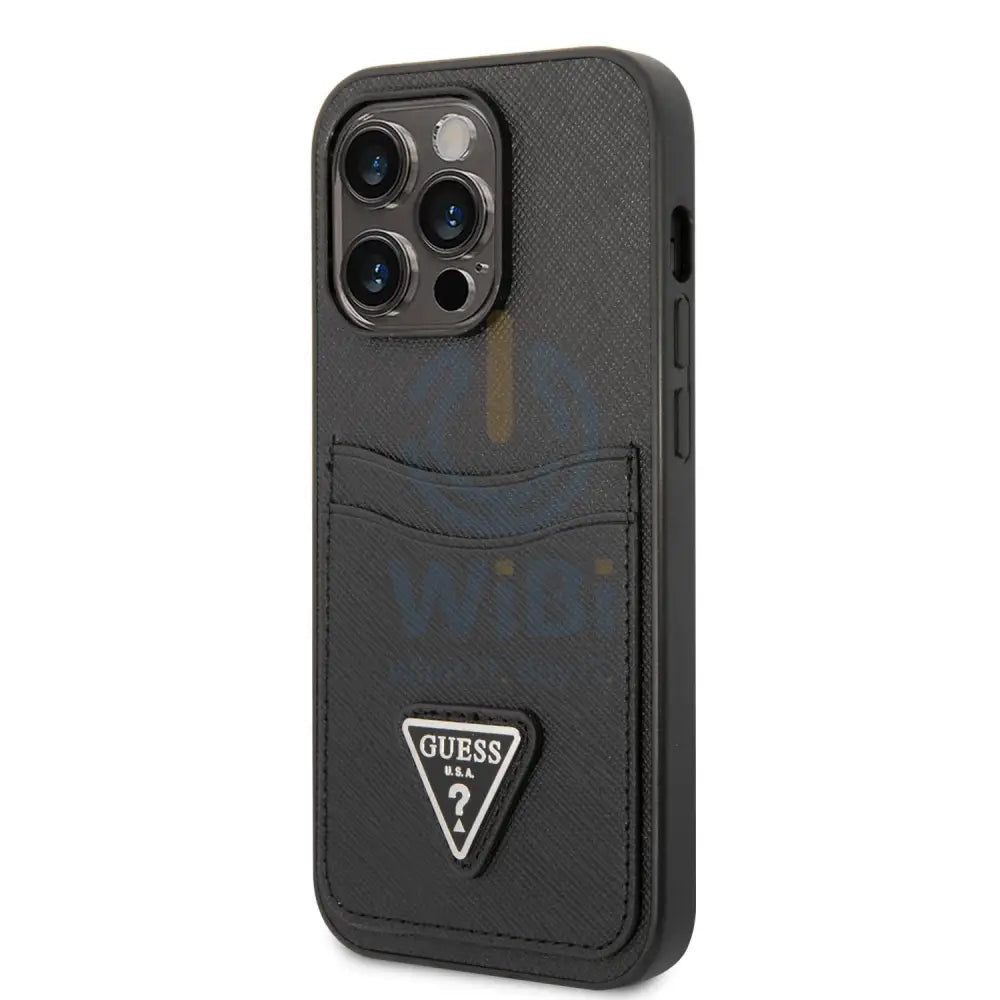 Guess iPhone 14 Pro PU Saffiano Case with Double Cardslot & Metal Triangle Logo - Black Accessories > Mobiles & Tablets