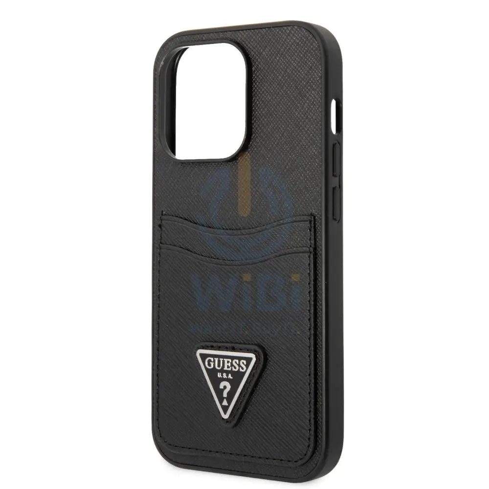 Guess iPhone 14 Pro PU Saffiano Case with Double Cardslot & Metal Triangle Logo - Black Accessories > Mobiles & Tablets