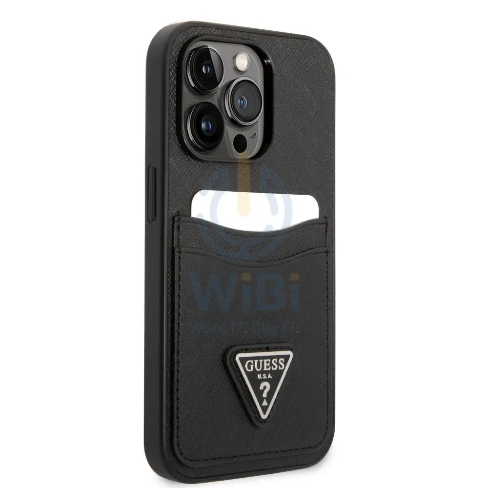 Guess iPhone 14 Pro PU Saffiano Case with Double Cardslot & Metal Triangle Logo - Black Accessories > Mobiles & Tablets