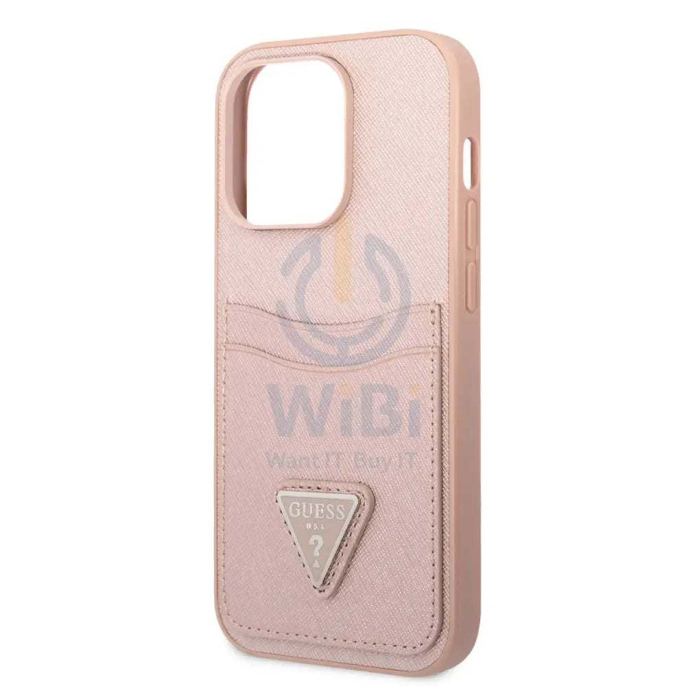 Guess iPhone 14 Pro PU Saffiano Case with Double Cardslot & Metal Triangle Logo - Pink Accessories > Mobiles & Tablets