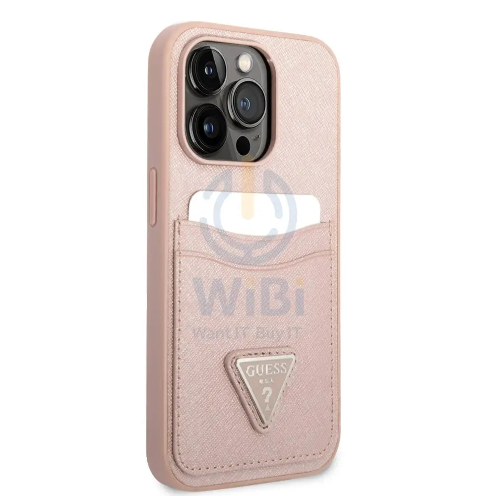 Guess iPhone 14 Pro PU Saffiano Case with Double Cardslot & Metal Triangle Logo - Pink Accessories > Mobiles & Tablets