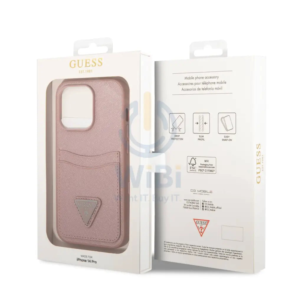 Guess iPhone 14 Pro PU Saffiano Case with Double Cardslot & Metal Triangle Logo - Pink Accessories > Mobiles & Tablets