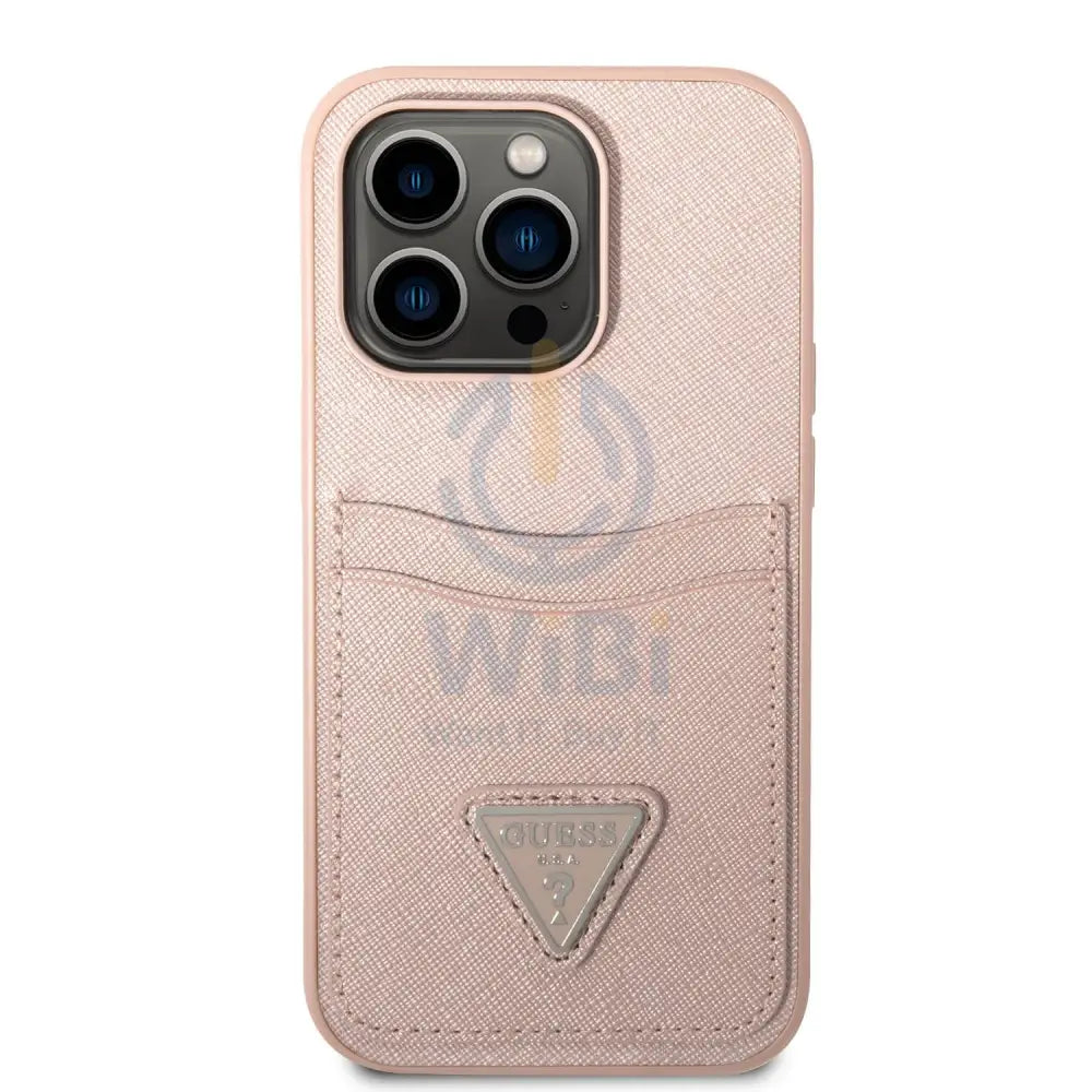 Guess iPhone 14 Pro PU Saffiano Case with Double Cardslot & Metal Triangle Logo - Pink Accessories > Mobiles & Tablets