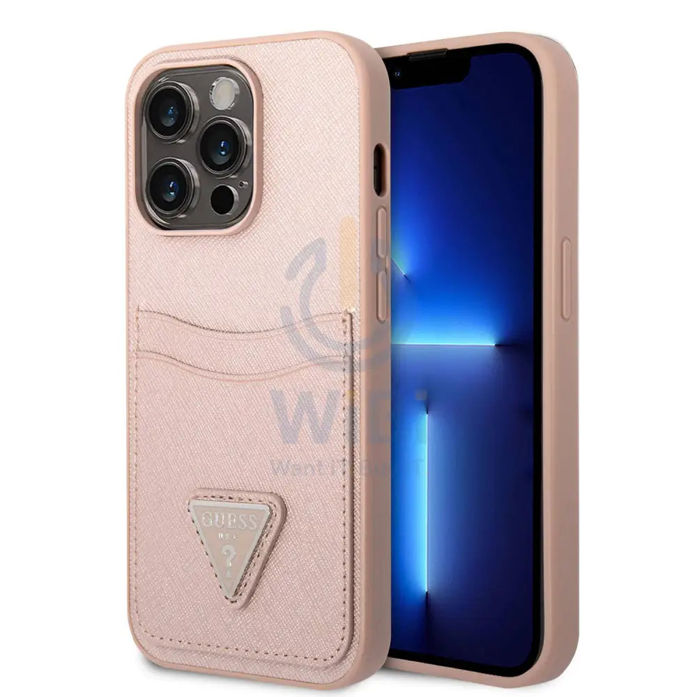 Guess iPhone 14 Pro PU Saffiano Case with Double Cardslot & Metal Triangle Logo - Pink Accessories > Mobiles & Tablets