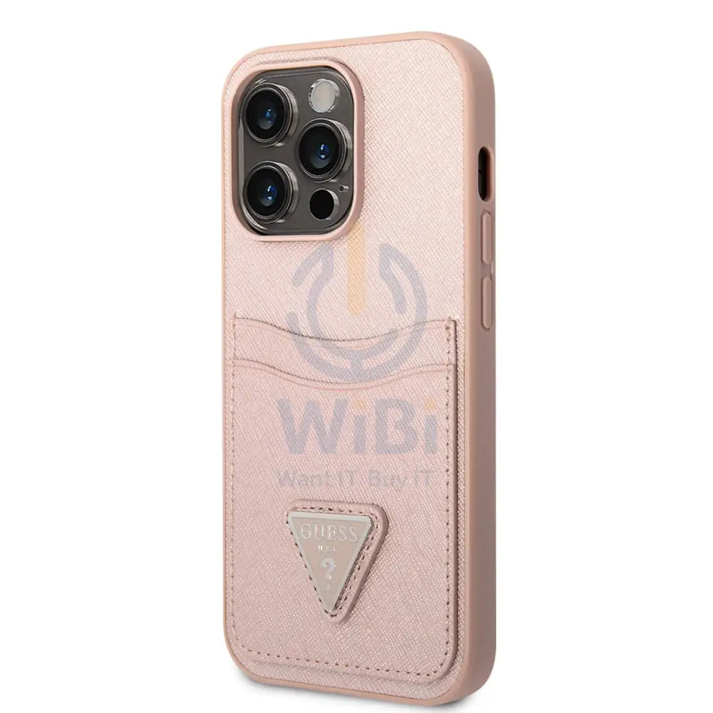 Guess iPhone 14 Pro PU Saffiano Case with Double Cardslot & Metal Triangle Logo - Pink Accessories > Mobiles & Tablets