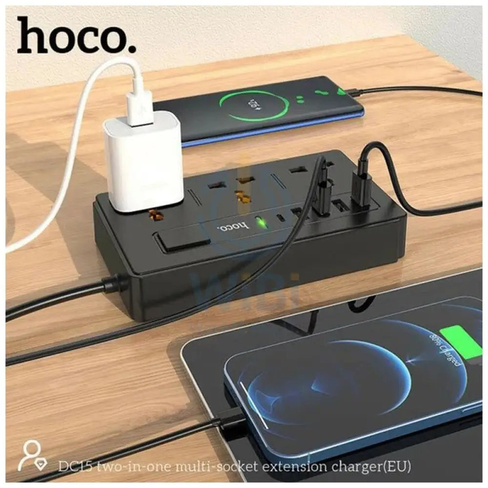 HOCO DC15 Two-In-One Multi-Socket Extension - 30W / 3 Way / Black