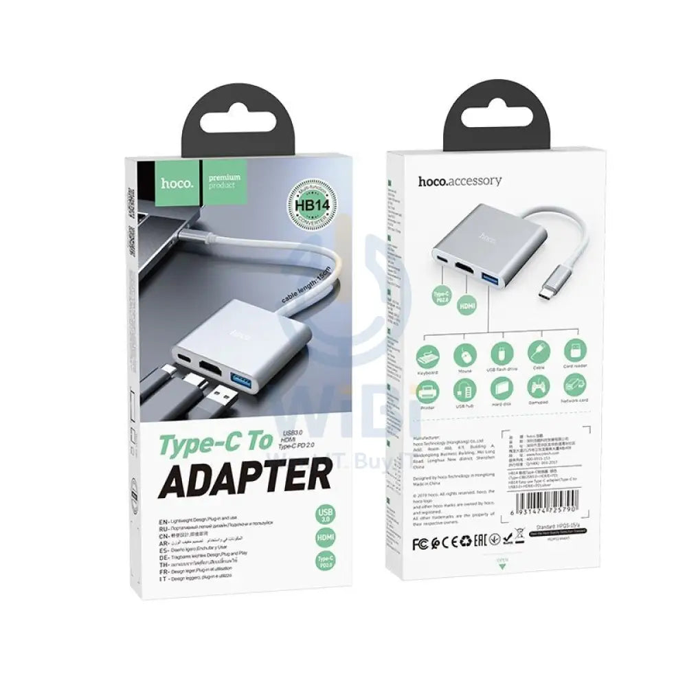 Hoco HB14 Easy-Use Type-C Adapter - Type-C To USB 3.0 + Hdmi + PD - White Accessories > Cables & Converters > Cables