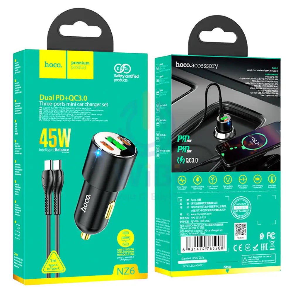 HOCO NZ6 Three-ports Mini Car Charger - 45W / Dual PD / QC3.0 / Green Accessories > Mobiles & Tablets > Mobiles > Car
