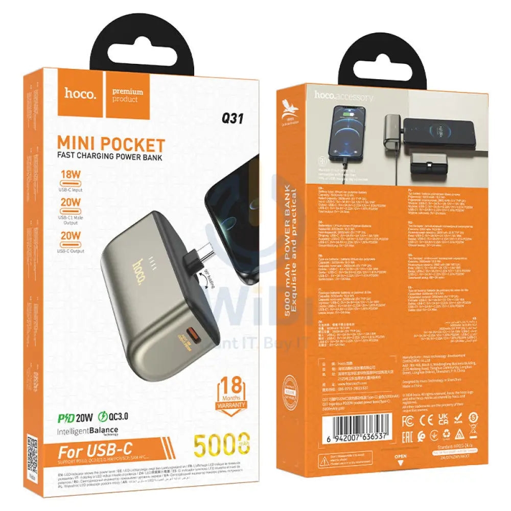Hoco Q31 Portable Pocket Fast Charging Power Bank - 5000mah / 20W / Gold Accessories > Power Bank