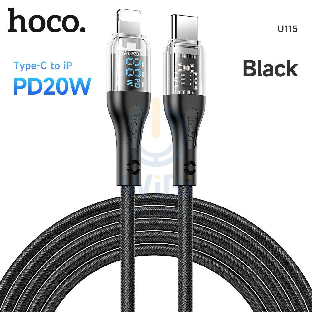 Hoco U115 Lightning to Type C PD 20W Transparent Data Cable With Display – 1.2 Meter / Black Accessories > Cables &