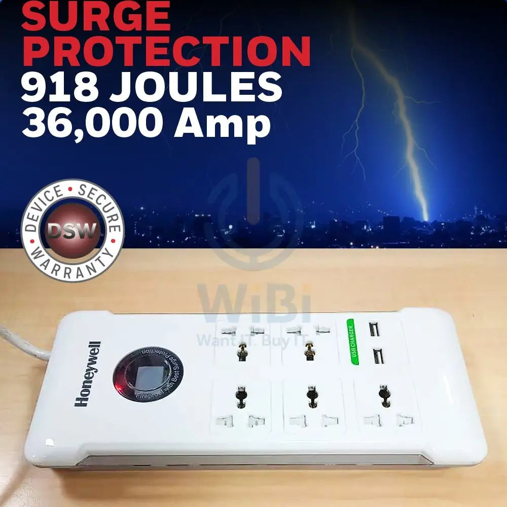 Honeywell 5 Socket Surge Protector + 2 USB Accessories > Power > Power Protection > Surge Protector