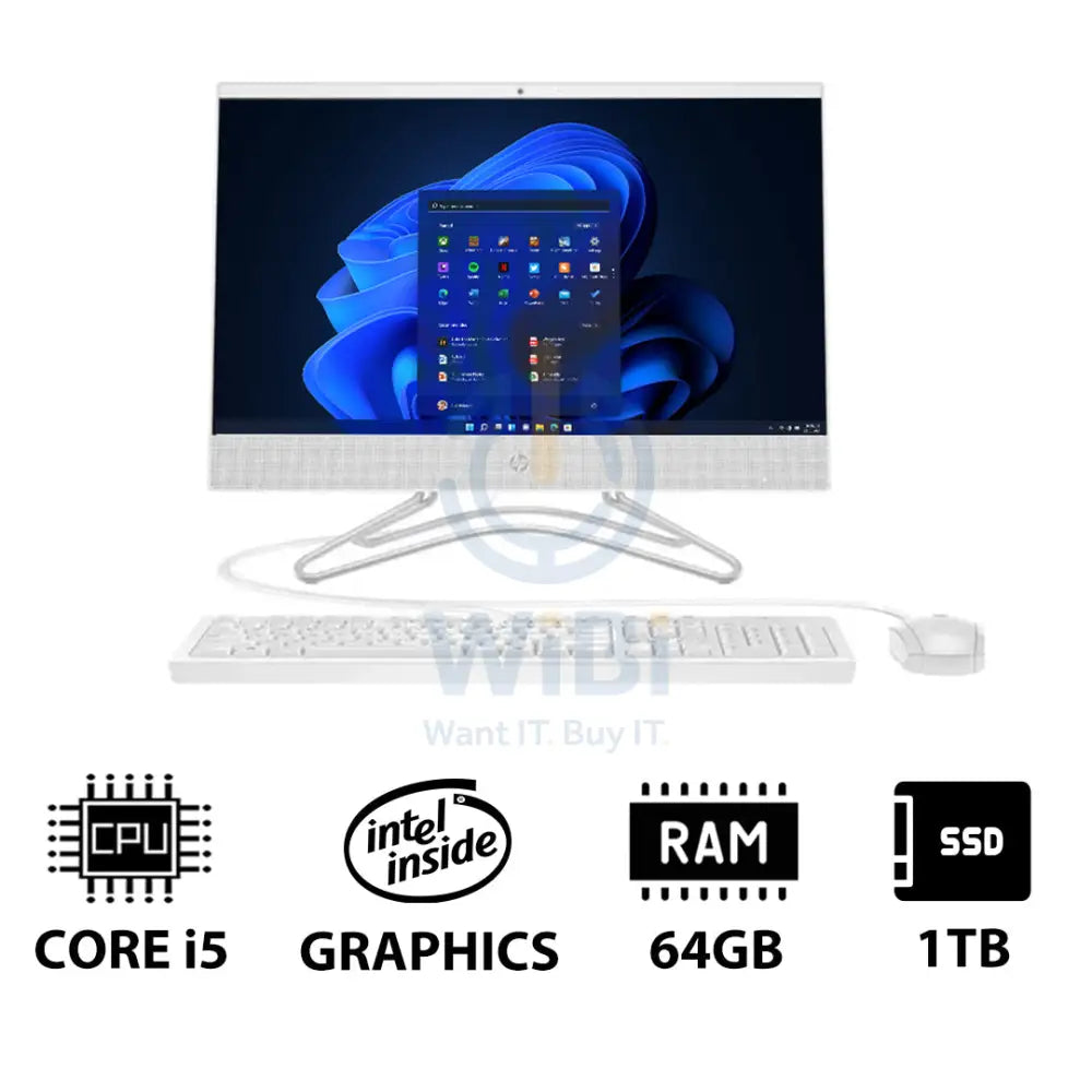 إتش بي 200 جي4 المتكامل جهاز كمبيوتر - آي 5 / 64 جيجابايت / 1 تيرابايت (NVME م.2 إس إس دي) / 21.5 بوصة FHD لا تعمل باللمس / ويندوز 11 برو / ضمان سنة / أبيض - كمبيوتر مكتبي