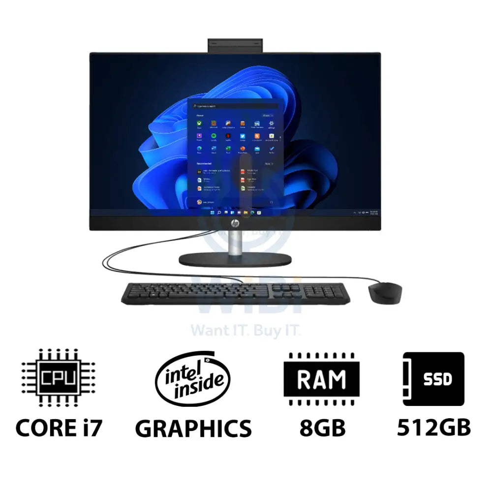 HP 27-CR0013NE AIO PC - i7 / 8GB / 512GB (NVMe M.2 SSD) / 27’’ FHD Non-Touch / Win 11 Pro / 1YW / Jet Black - Desktop