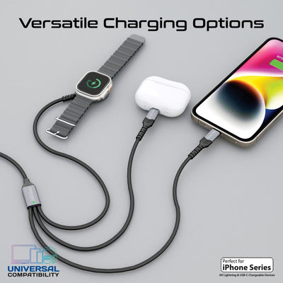 Promate iCharge-Trio 5-in-1 Multi-Connector Cable - USB-C / Lightning / Watch Charger / Black