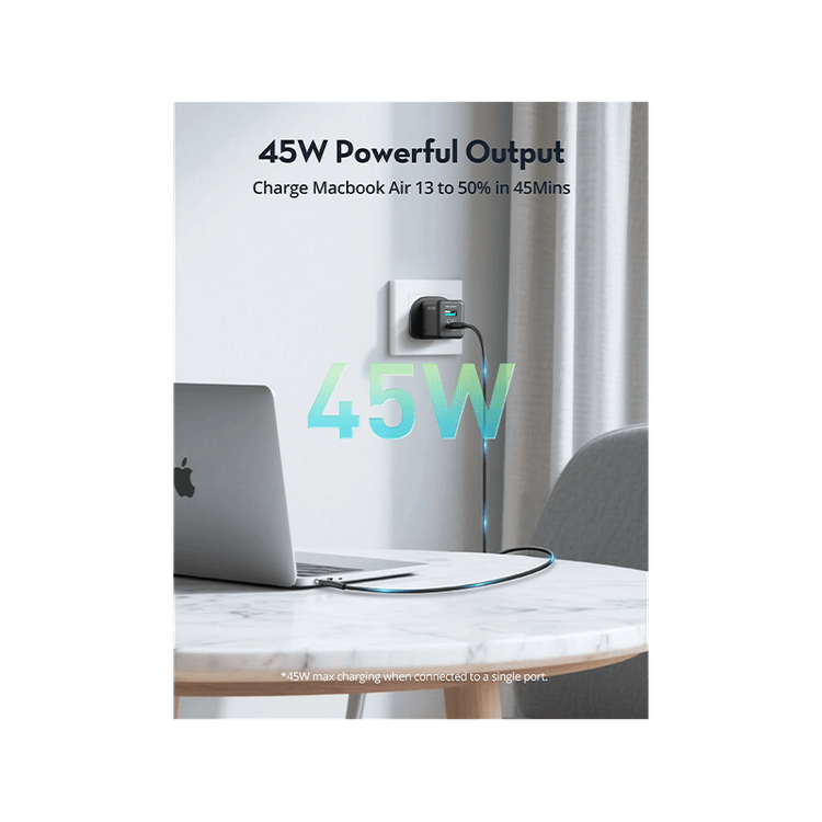 RavPower 1-Port USB-C and 1-Port USB-A PD 45W GaN Wall Charger - Black