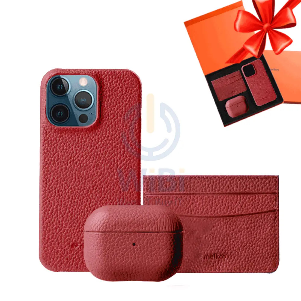 iPhone 12 & 12 Pro - Airpod Pro - Red Leather Case Gift Set With Wallet Accessories > Mobiles & Tablets